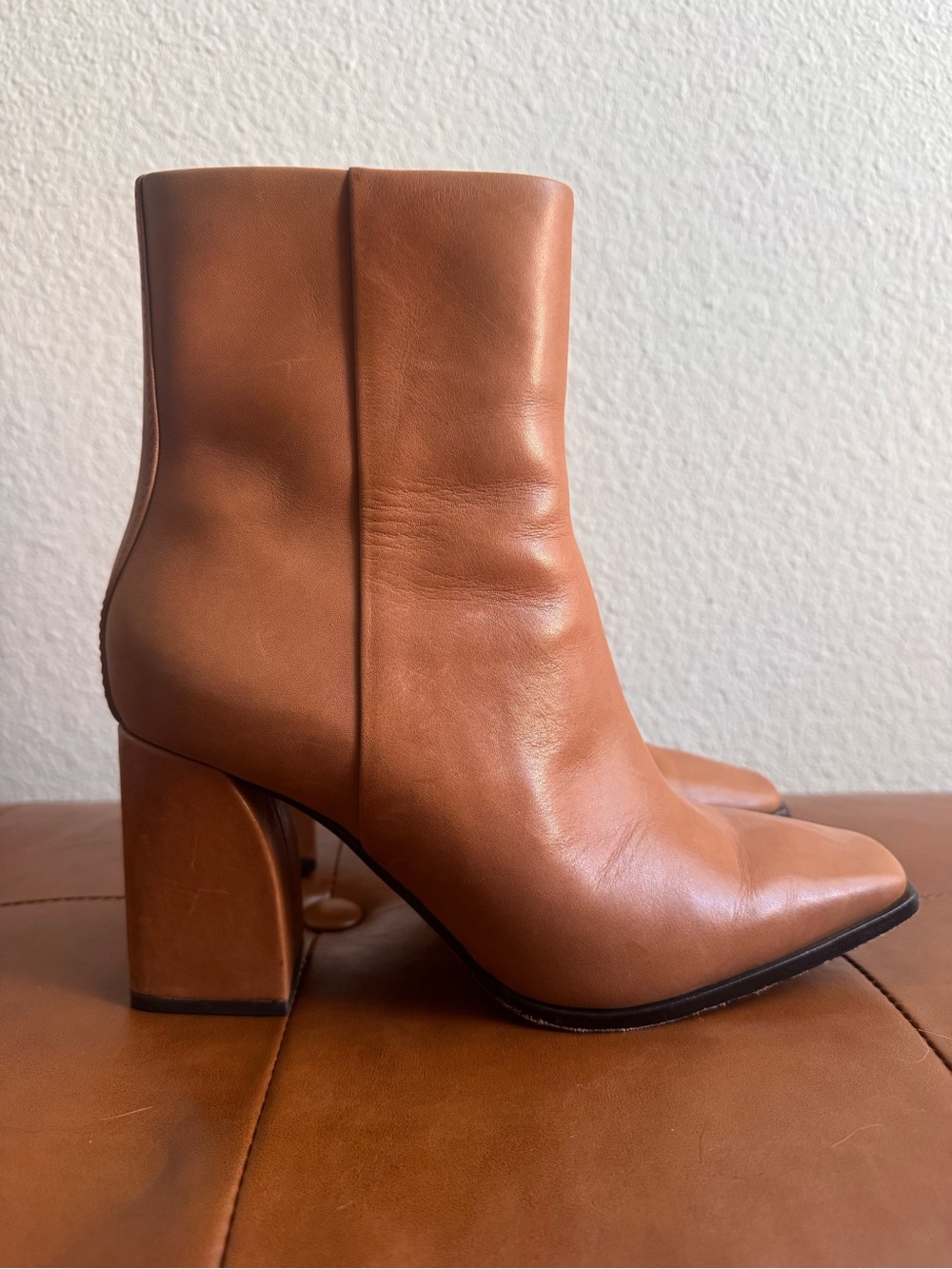 PAIGE Tan Leather Square Toe Block Heel Boots Size 8 NWOT